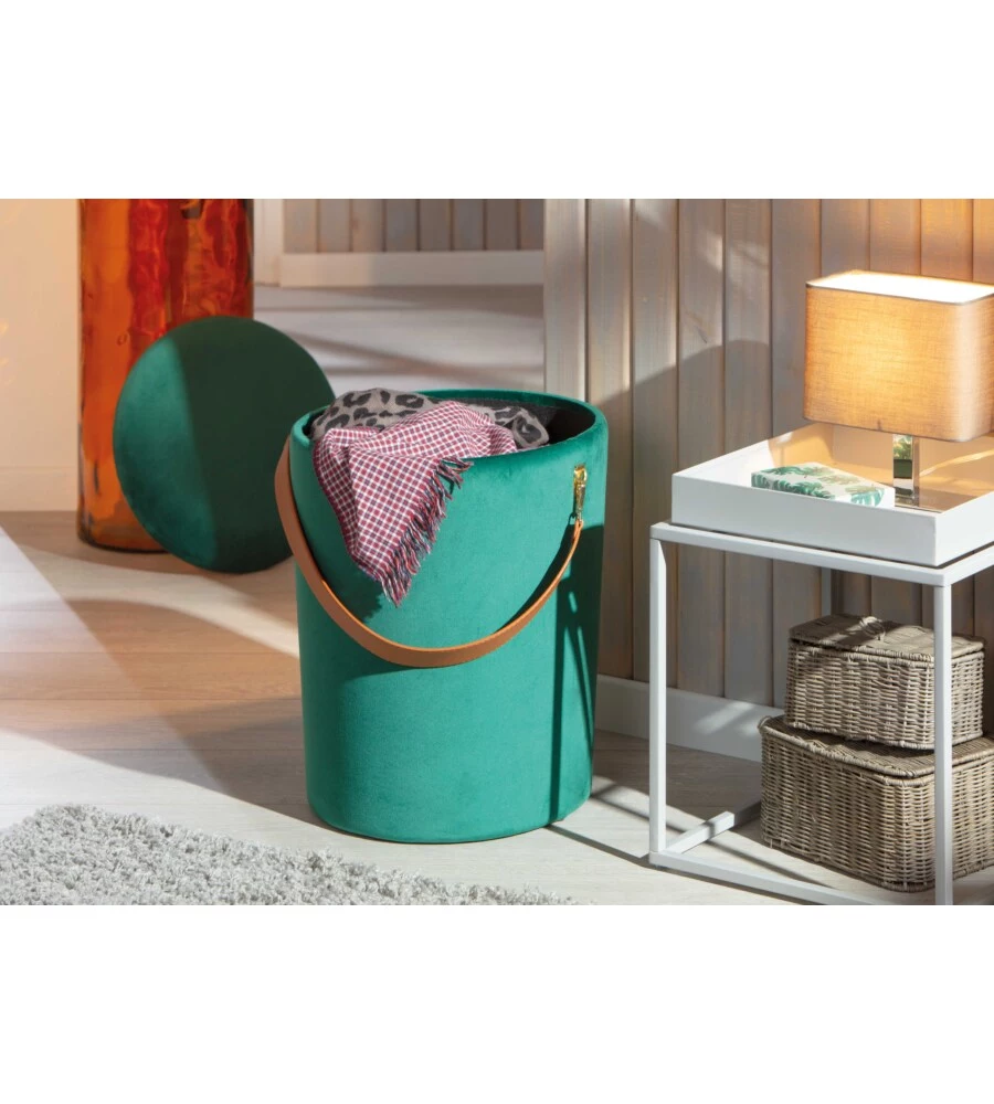 Pouf "secchiello" in velluto verde con maniglia, 35x35x45 cm